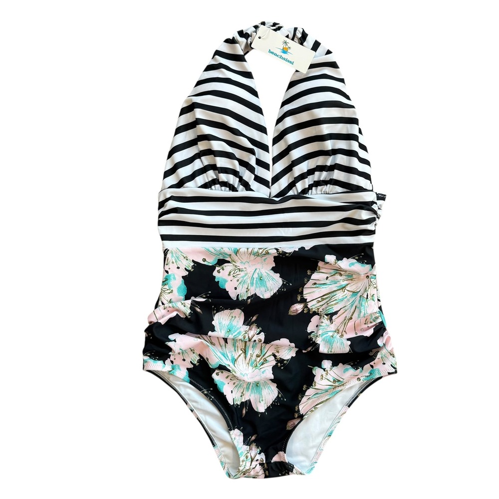 Beachsissi Womens Floral Striped Halter One Piece Swimsuit Black White Pink L
